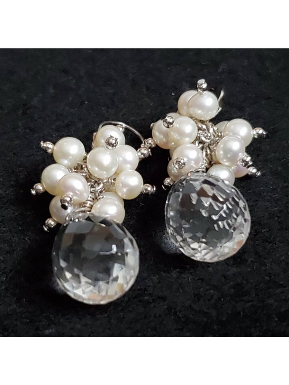 Sterling Silver ChaCha Earrings Crystal Faux Pearl Dangle 1.5" - Picture 2 of 5